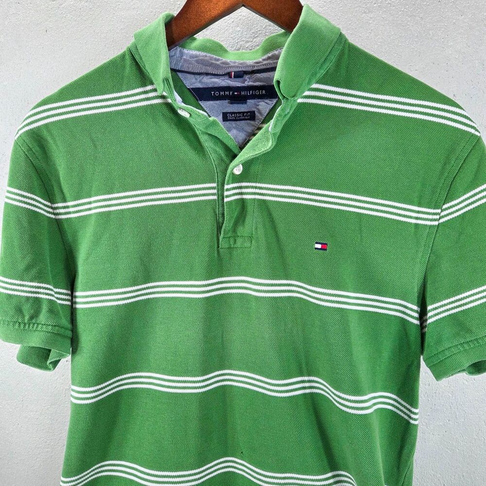 Tommy Hilfiger Green White Striped Classic Fit Polo Shirt Sz M